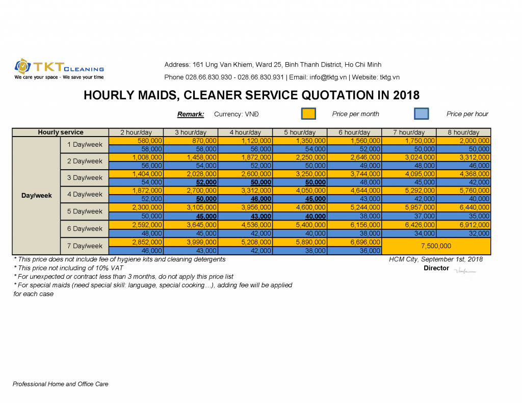 Hourly Maids, Cleaner Quotation of TKT Cleaning 2018