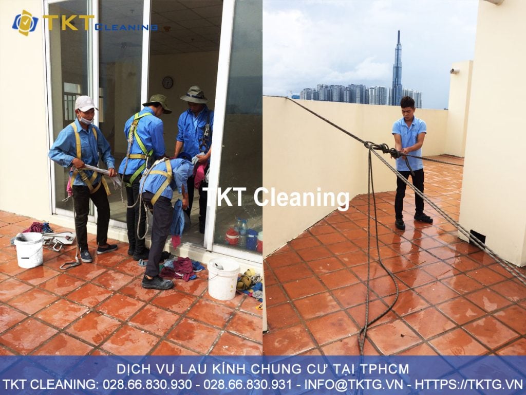 Cleaning staff cleans windows in HCMC apartments - TKT Cleaning