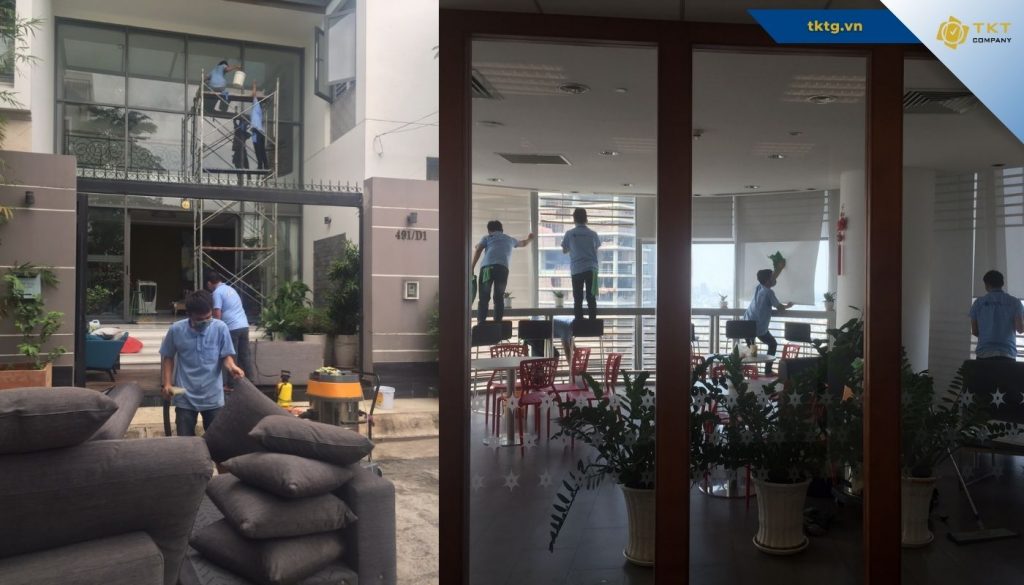 Ảnh trước và sau khi làm sạch khu vực sảnh chờ của một toà nhà