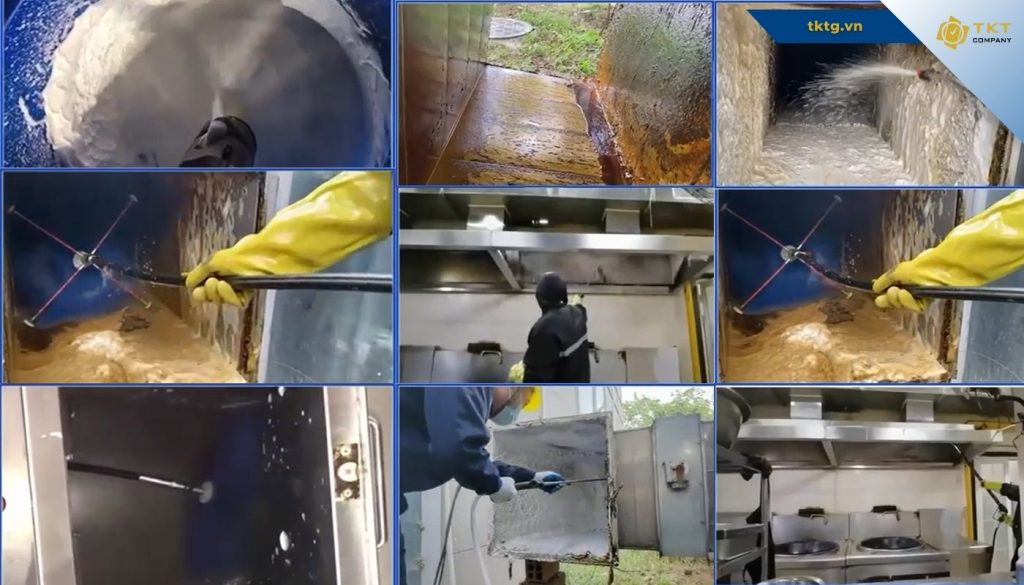 Kỹ thuật viên làm sạch đường ống gió và ống khói bếp công nghiệp