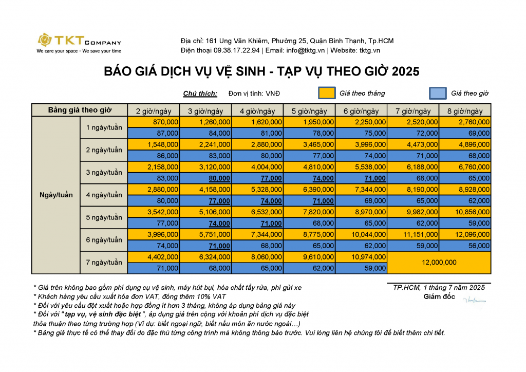 Báo giá dịch vụ vệ sinh theo giờ tháng 7 năm 2025