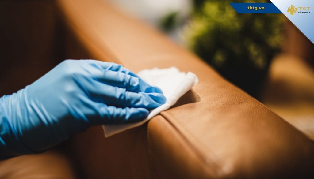 Nhân viên lau mặt sofa da bằng khăn và dung dịch chuyên dụng