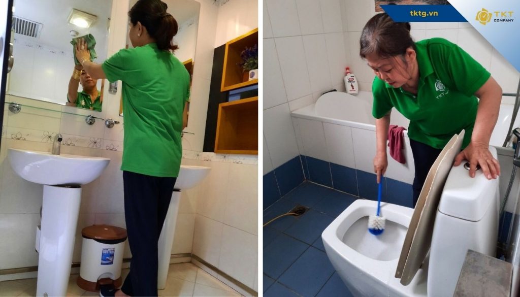 Dịch vụ cho thuê tạp vụ của TKT Company vệ sinh hạng mục toilet