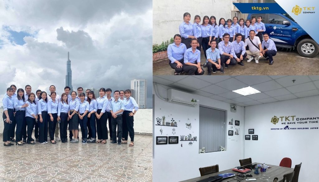 Hoạt động hợp tác Fukui Building thăm văn phòng TKT Company lần 2 năm 2022 chụp ảnh cùng nhân viên tại tòa nhà văn phòng TKT Company