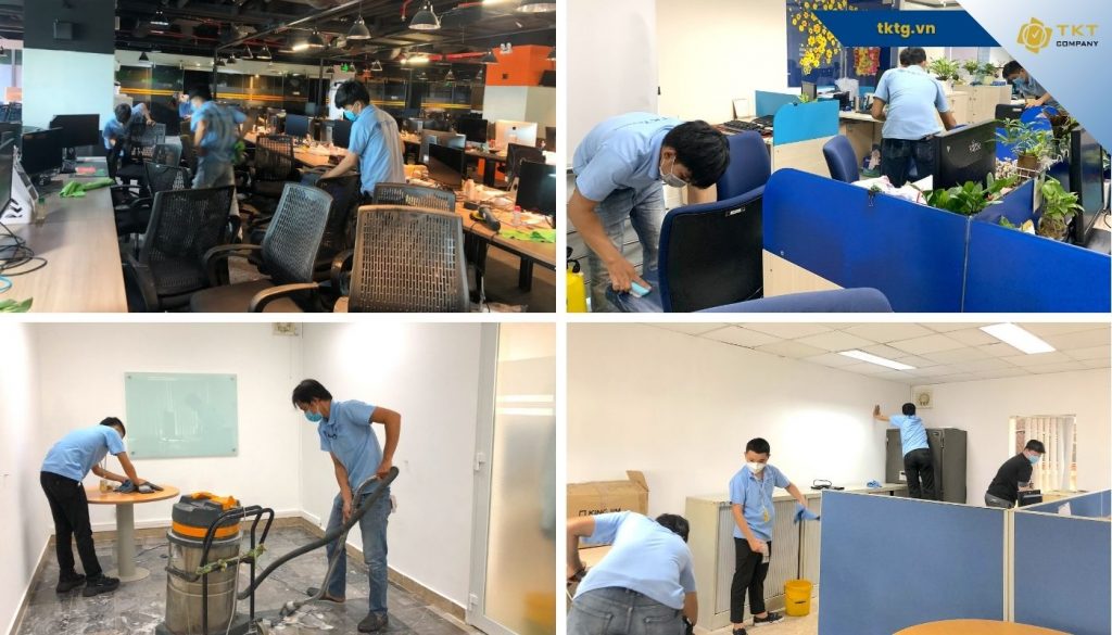 Tổng vệ sinh văn phòng bao gồm lau chùi các bề mặt cơ bản, dọn dẹp tài liệu, chà sàn và đánh bóng