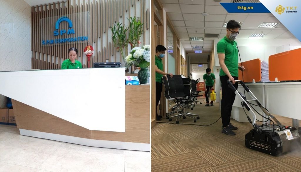 Nhân viên TKT Company thực hiện vệ sinh tại Phường Tân Định cho văn phòng