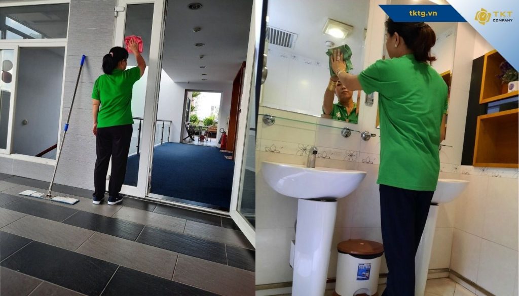 Hai nhân viên vệ sinh nhà sau xây dựng làm sạch phòng và khu vệ sinh