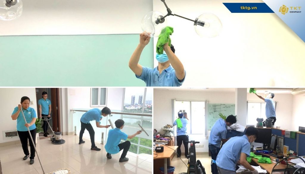 Nhân viên TKT Company đang tiến hành vệ sinh văn phòng tại Phường Bàn Cờ