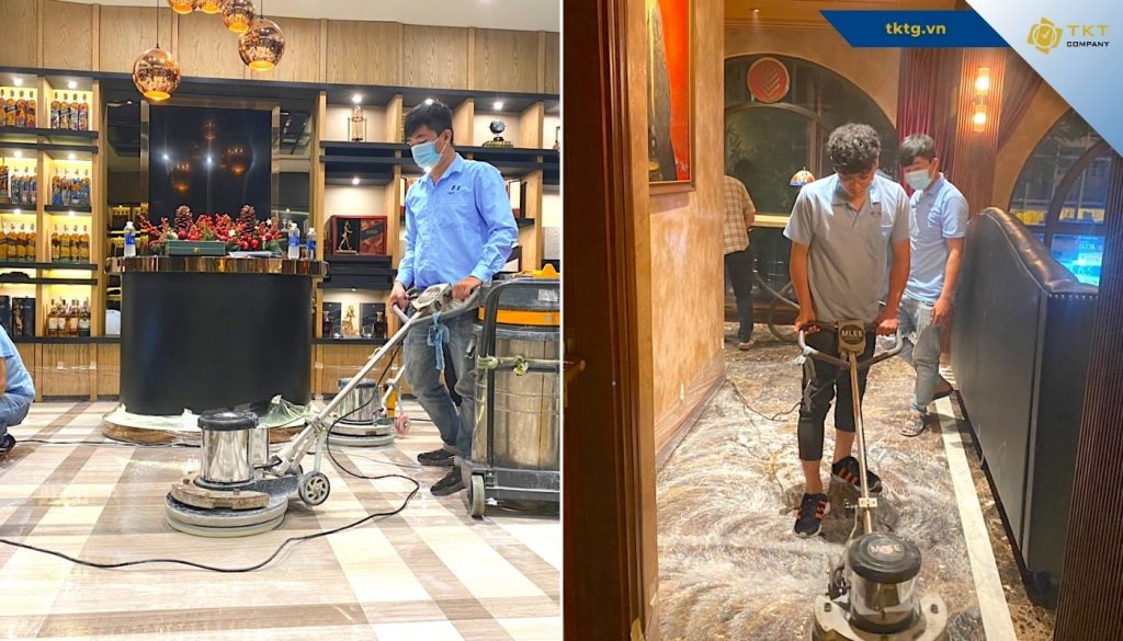 Nhân viên TKT Company đang tiến hành tổng vệ sinh Phường Bàn Cờ hạng mục đánh bóng sàn