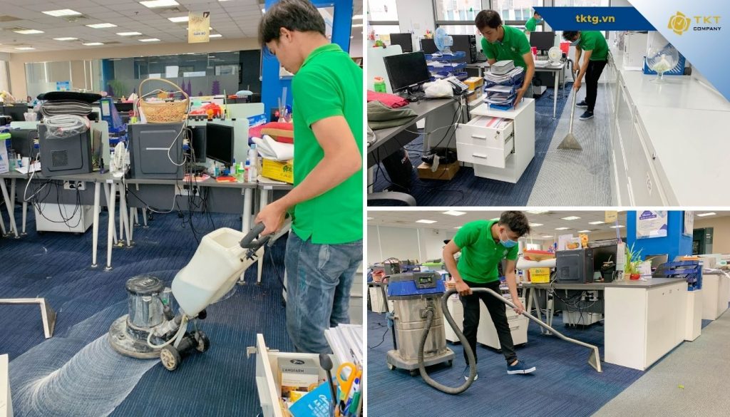 Nhân viên TKT Company vệ sinh thảm trải sàn văn phòng