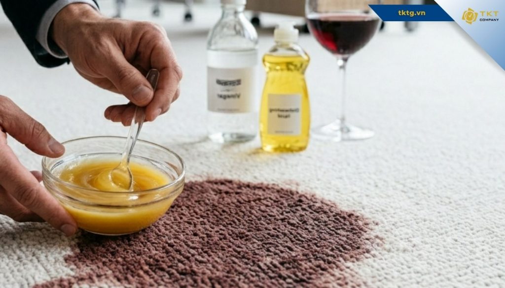 Giấm trắng và nước rửa chén giúp tẩy vết rượu vang đỏ trên thảm trải sàn nhanh chóng mà không cần đến hóa chất