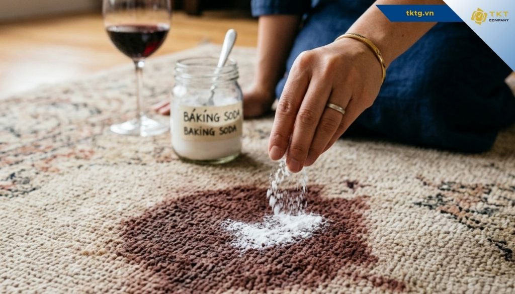 Dùng baking soda giúp hòa tan axit trong rượu vang, giúp loại bỏ màu trên thảm