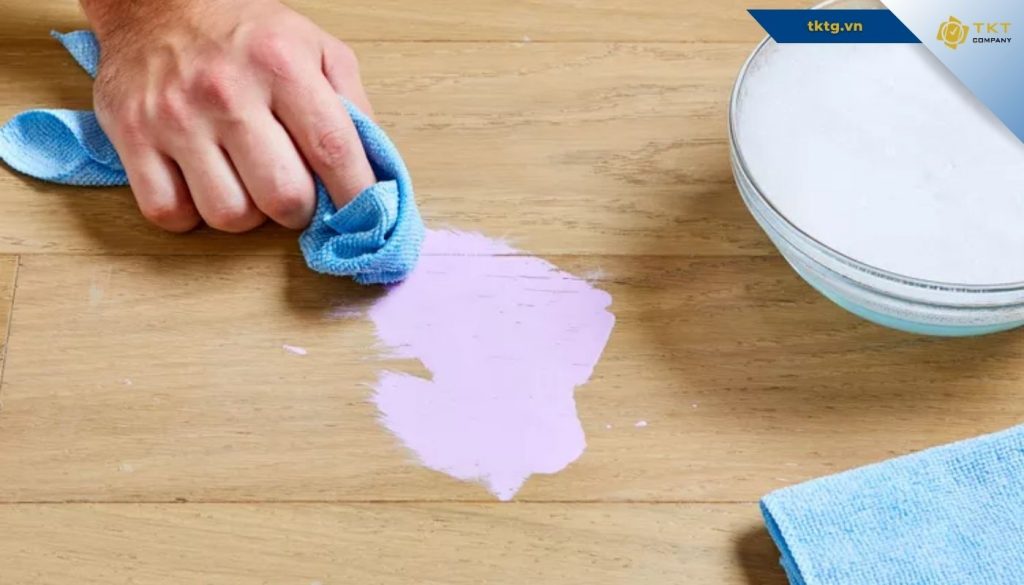 Pha dụng dịch xà phòng và nước ấm để loại bỏ vết sơn trên nền nhà