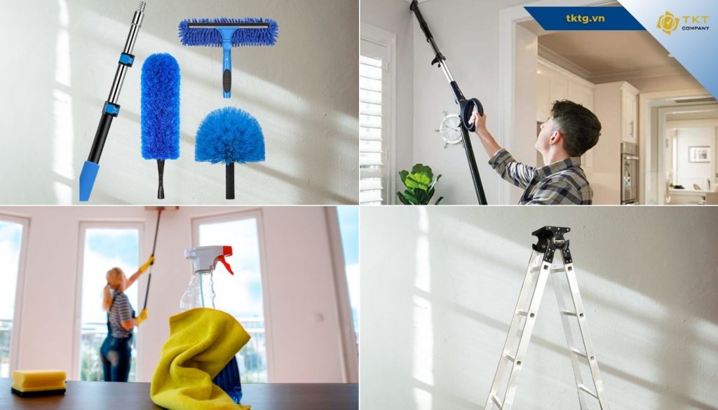 Chuẩn bị đầy đủ dụng cụ như chổi quét, thang nhôm, máy hút bụi để vệ sinh trần nhà đúng cách