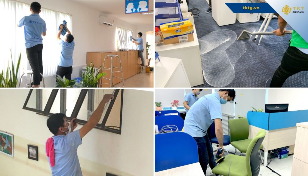 Hạng mục vệ sinh văn phòng tại TKT Company trọn gói như lau bàn ghế, hút bụi, vệ sinh kính...