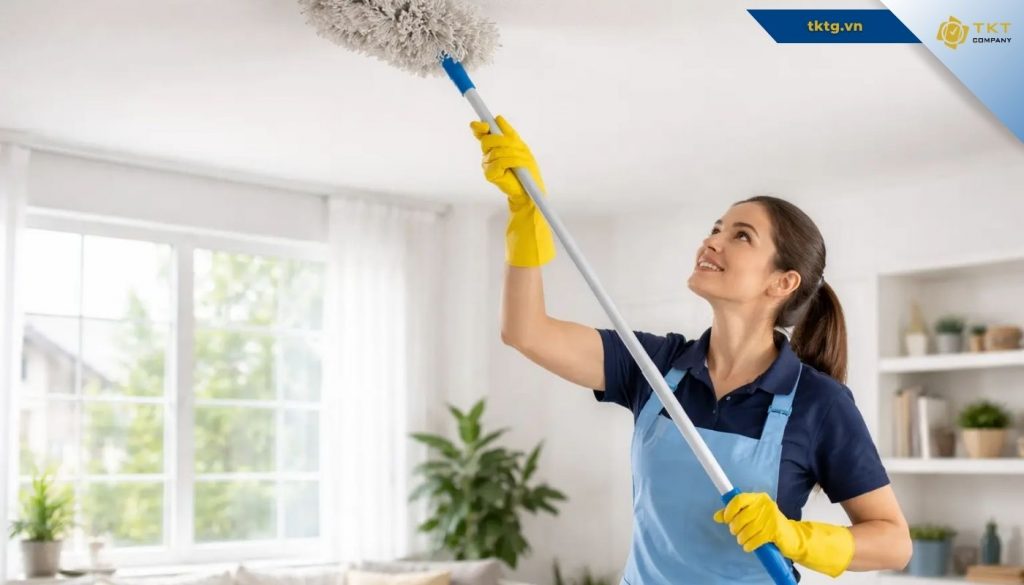 Khi vệ sinh trần nhà, nên ngắt tất cả điện, test thử lên 1 góc trần nhỏ