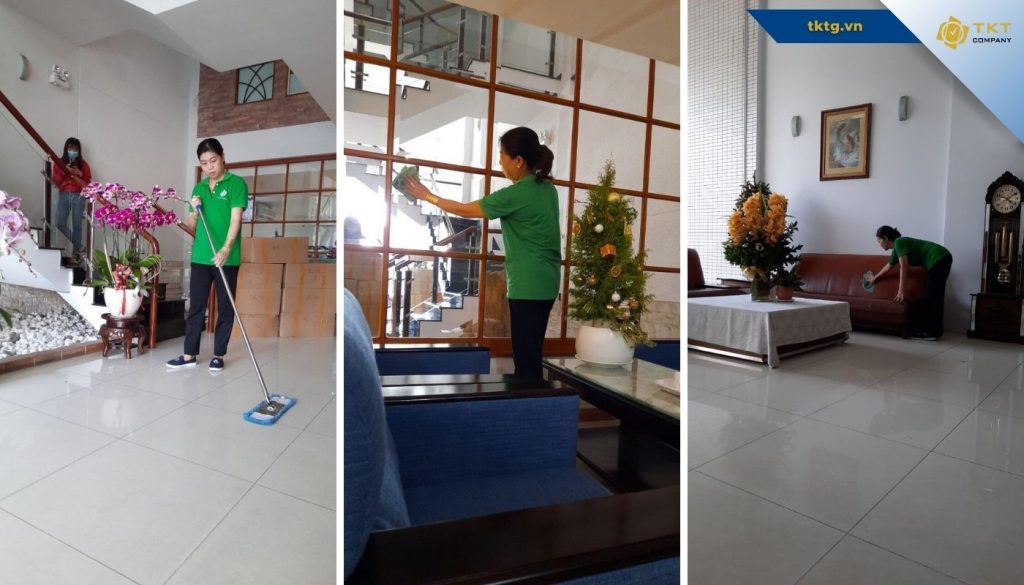 Nhân viên TKT Company đang thực hiện dọn vệ sinh nhà quận 2 trọn gói từ trong ra ngoài