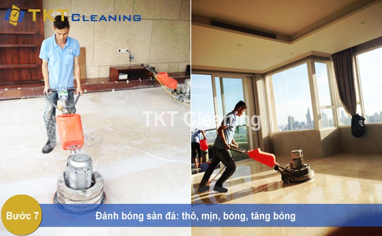 Kỹ thuật viên TKT Company mài mặt đá qua các bước thô, mịn, bóng và tăng bóng