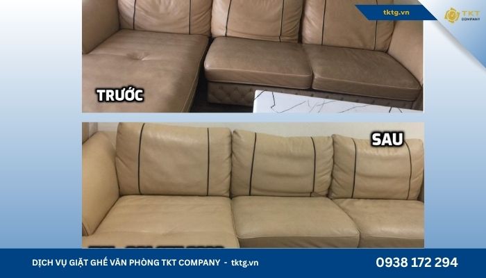 Ảnh trước và sau khi TKT Company làm sạch sofa da trong cùng đợt với lô ghế