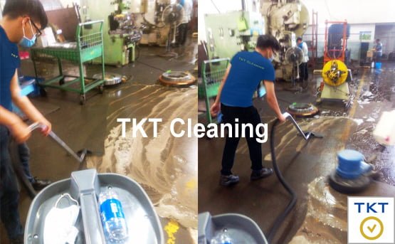 Tẩy rửa sàn nhà xưởng nhiễm dầu mỡ nặng bằng máy chà và máy hút nước theo ca sản xuất